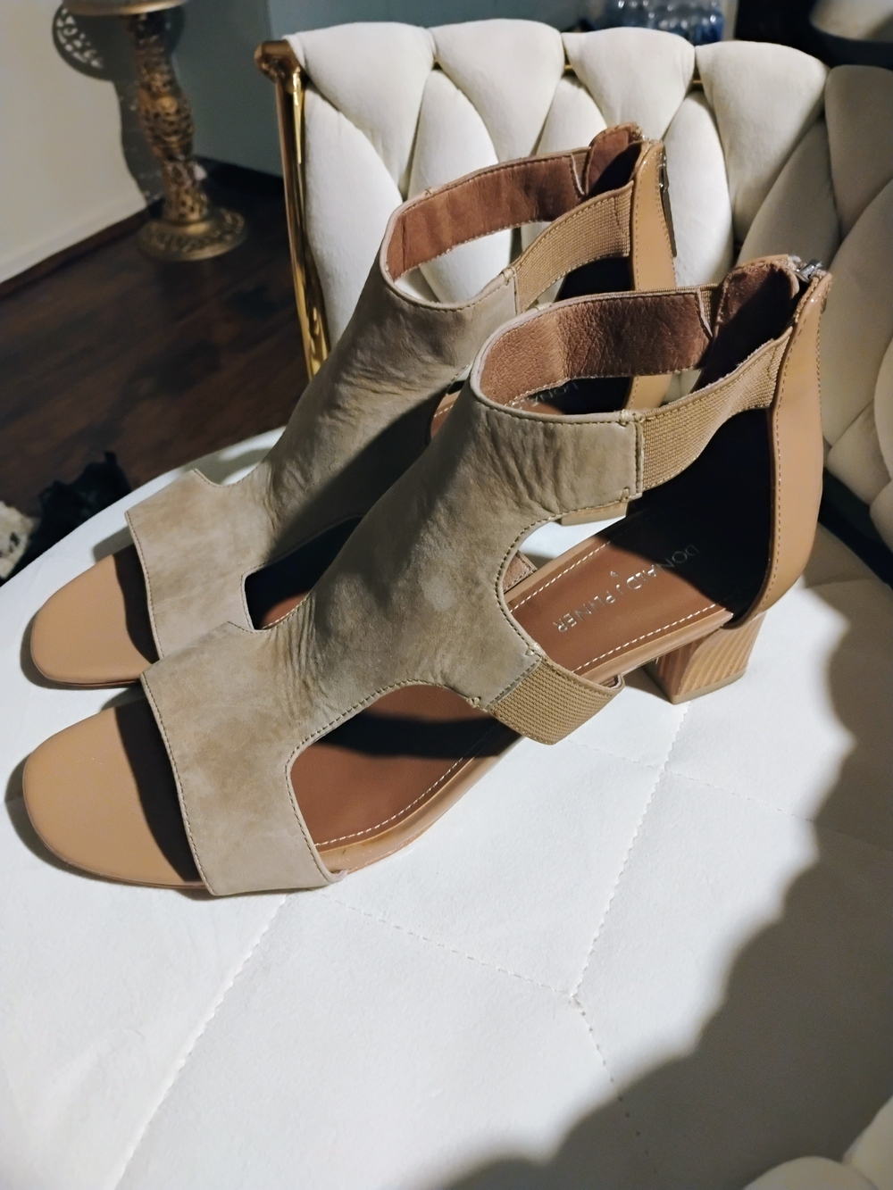 Donald J. Pliner Taupe and Tan Open-Toe Block Heel Sandals